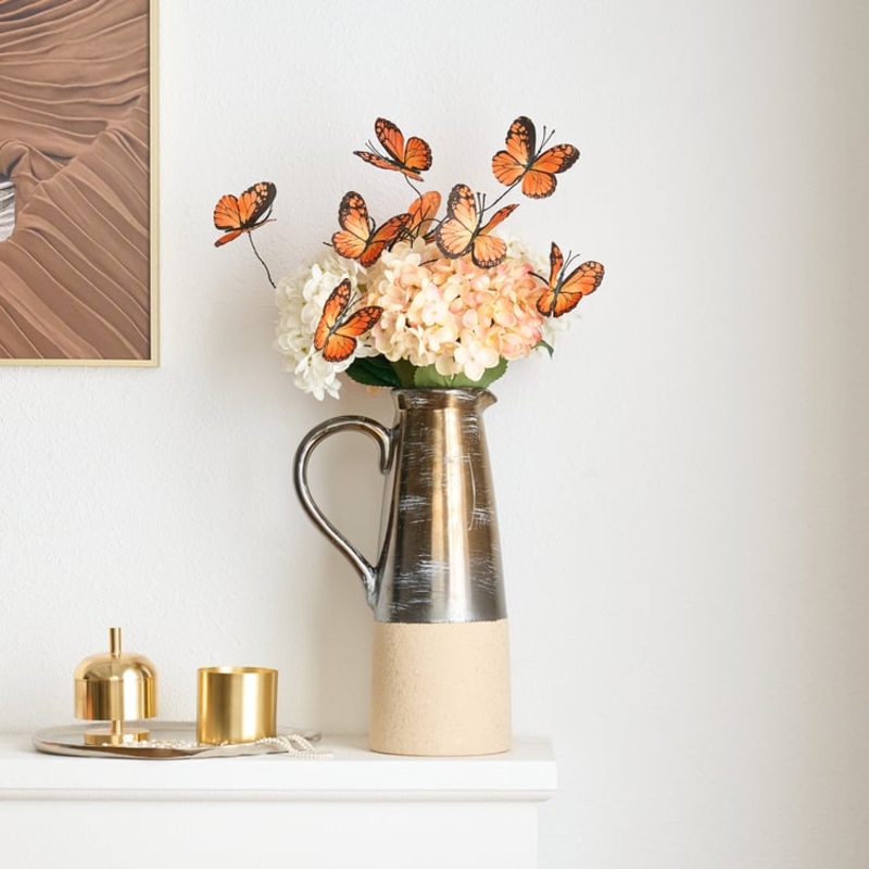 20.5″ Artificial Flower Arrangement with Butterflies  Rustic Ceramic Vase with Handle