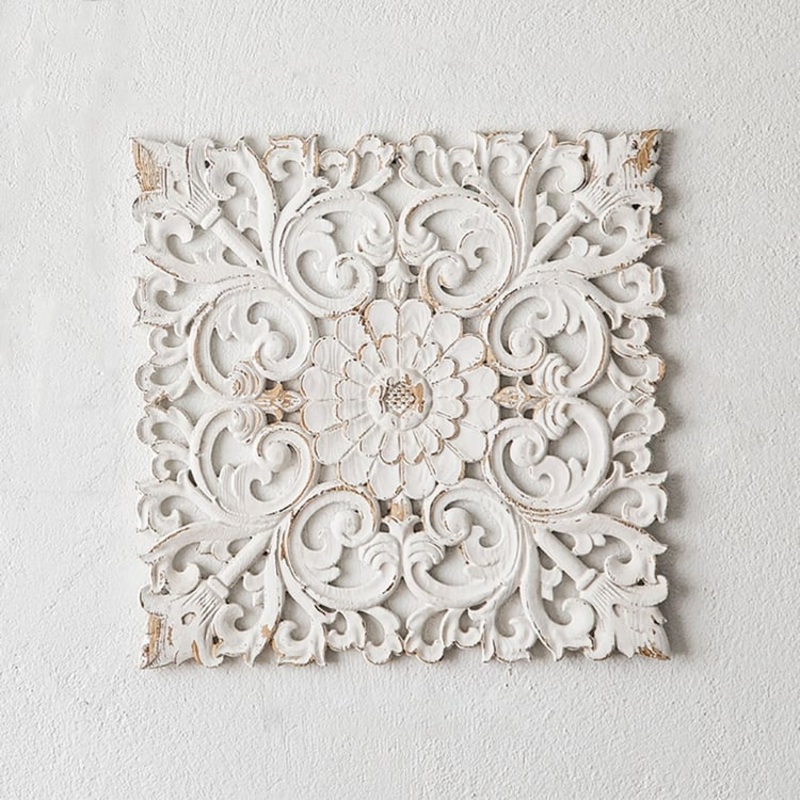 22″ French Country Square Wood Wall Decor Distressed White Carved Flower for Living Room