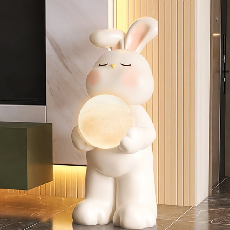 24.4″ White Resin Rabbit Moon Floor Lamp Sculpture Ornament Decor Living Room Bedroom