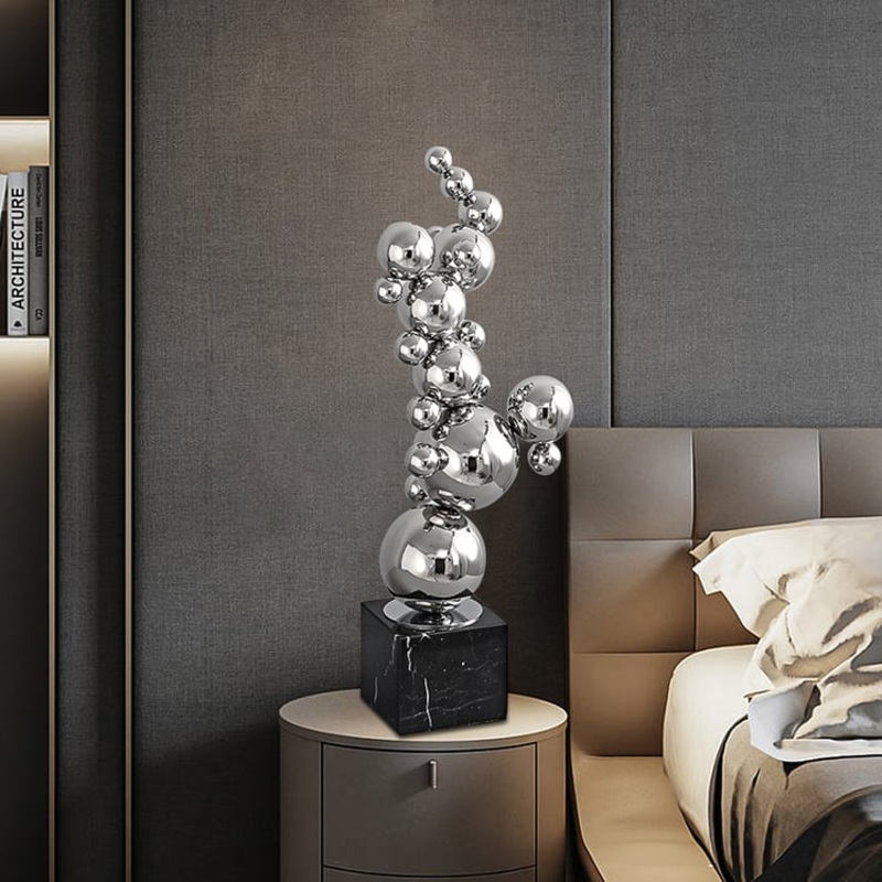 24″ Modern Abstract Geometric Ball Sculpture Art Ornament Stainless Steel & Marble Decor