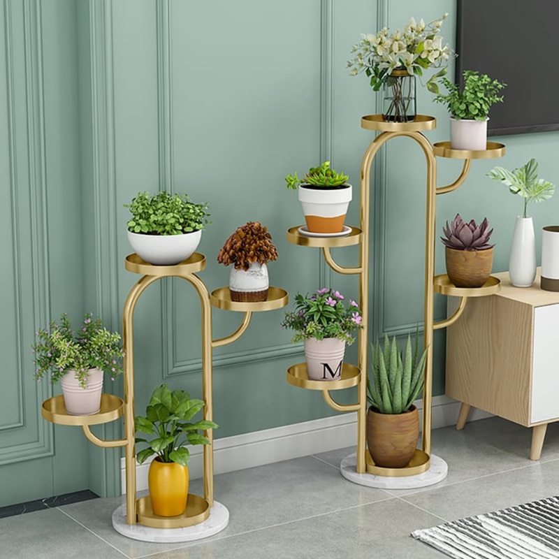 25″/37″ Modern Tree-Shaped 4/6-Tiered Plant Stand in Gold (Set of 2) for Living Room