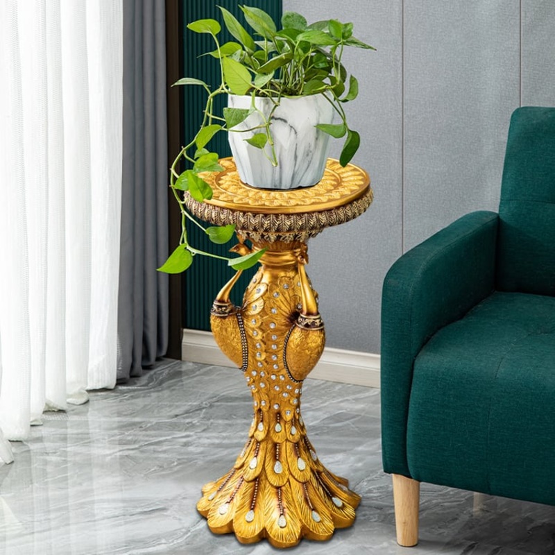 27.2″ Tall European Vintage Gold Pedestal Plant Stand Peacock Side Table Resin Sculpture