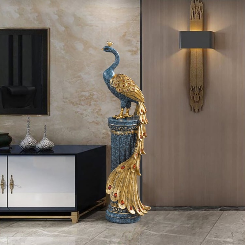 27.6″ Large Glam Peacock Floor Sculpture Decor Art Living Room Bedroom in Blue & Gold