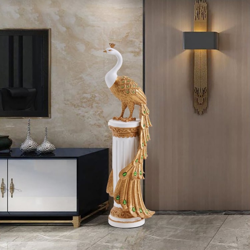 27.6″ Large Glam Peacock Floor Sculpture Decor Art Living Room Bedroom in White & Gold