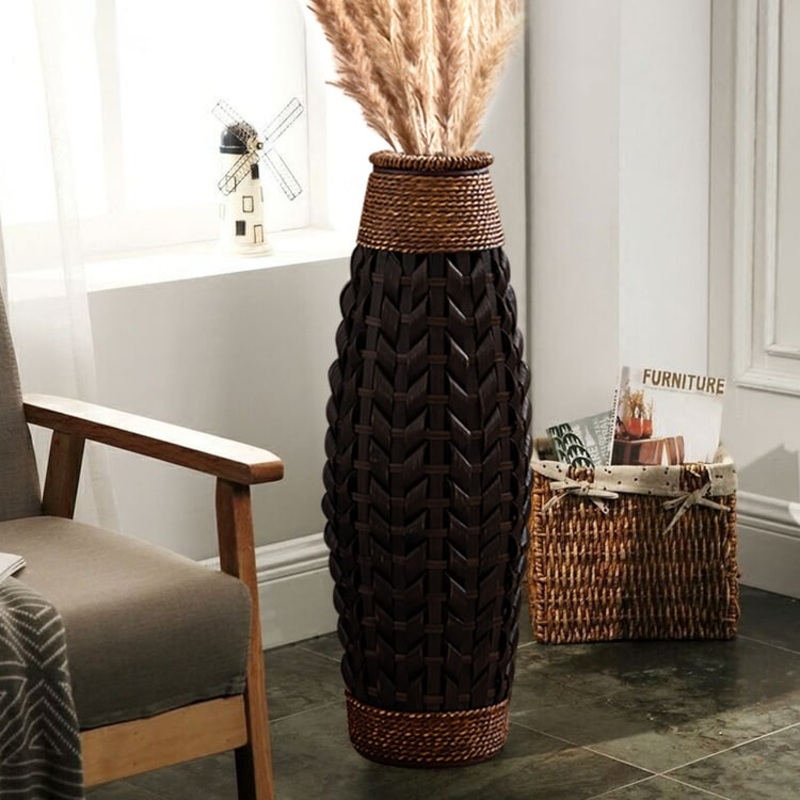 28.9″ Rustic Tall Woven Bamboo Rattan Standing Floor Vase Decor Art Living Room