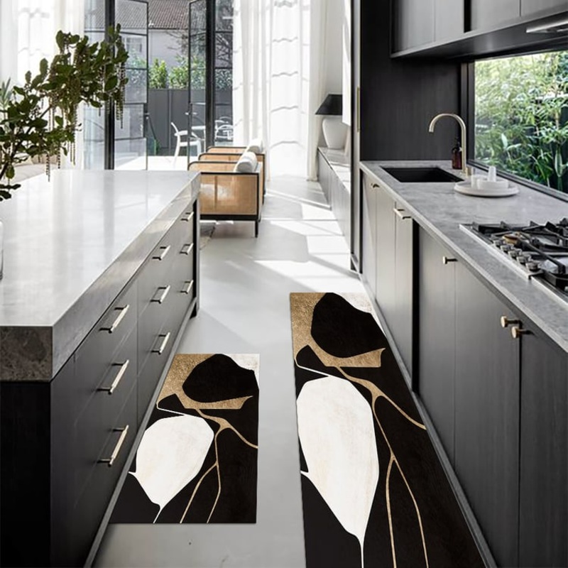 2PCS Abstract Gold&Black Diatom Mud Running Mat Non-slip Absorbent Kitchen Rug Set