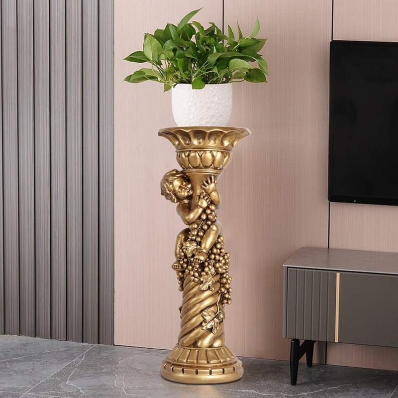 30.9″ Large Tall Vintage Angel Boy Round Pedestal Plant Stand Indoor Decor in Gold