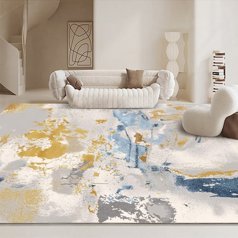 5’x 7′ Modern Abstract Area Rug in Blue & Gold Rectangular Decorative Carpet