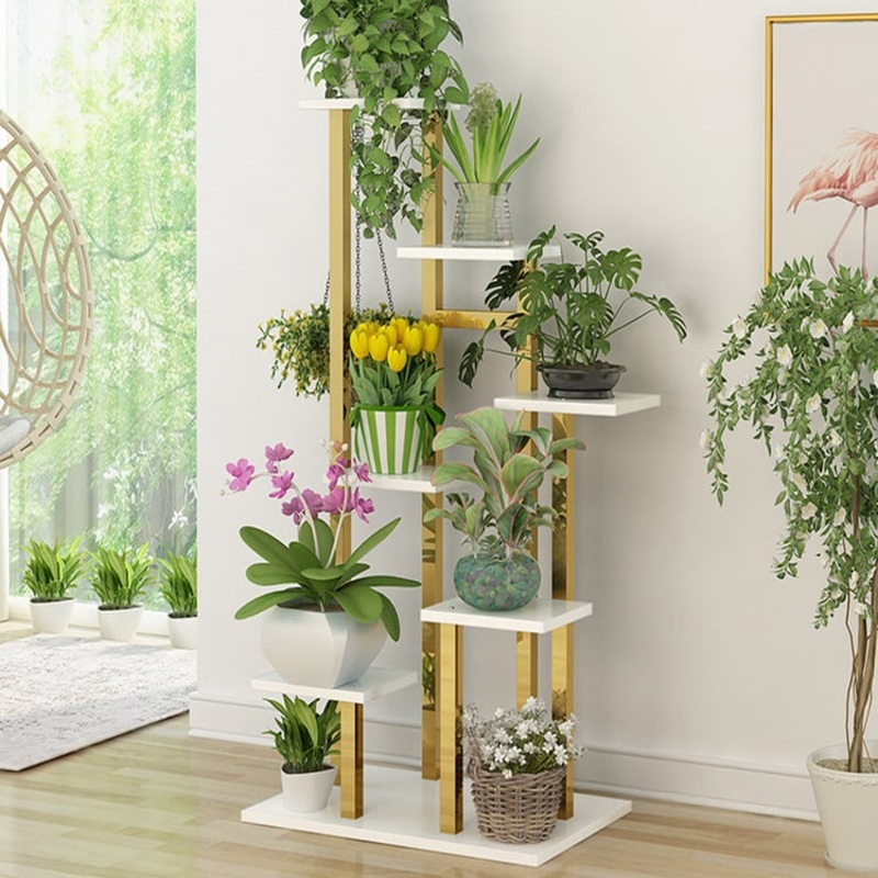 59.1″ Tall Metal Plant Stand Indoor Modern 7 Tier Ladder Planter in Gold & White