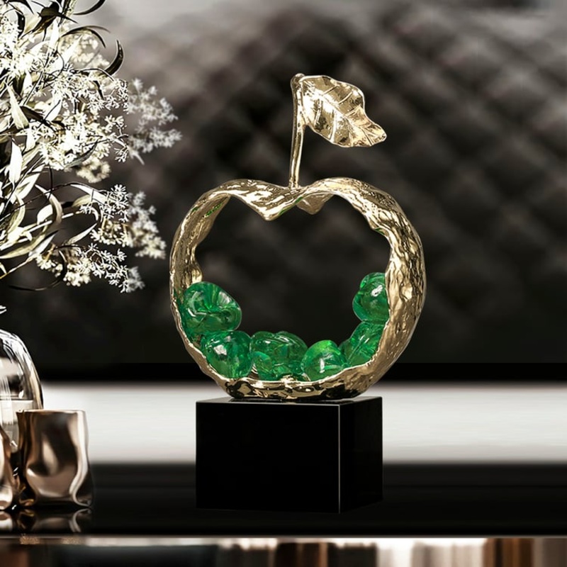 8″ Green Metal & Resin Abstract Geometric Apple Fruit Sculpture Ornament Desk Decor Art