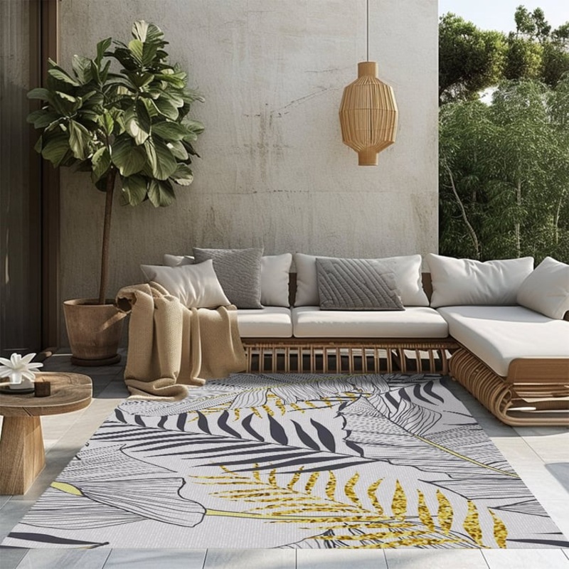 8ft Gold & Black Tropical Banana Leaf Polyester Indoor/Outdoor Non-slip Washable Rug