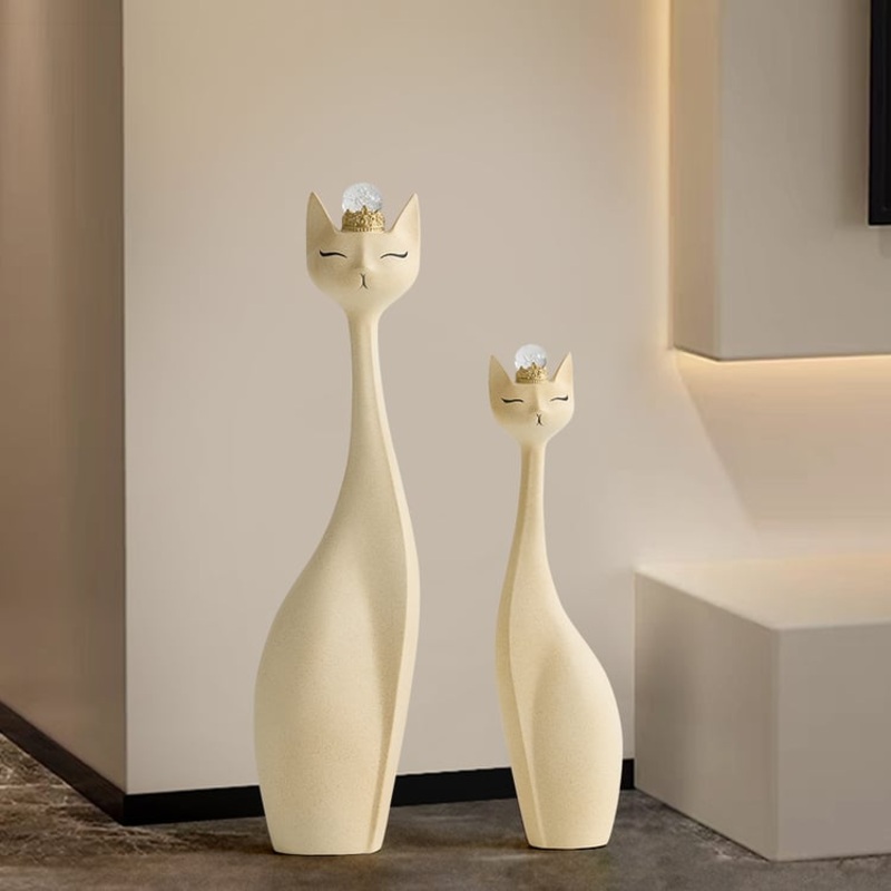 Beige Resin Cat Figurine Set  31.5″ & 24″ with Crystal Crowns
