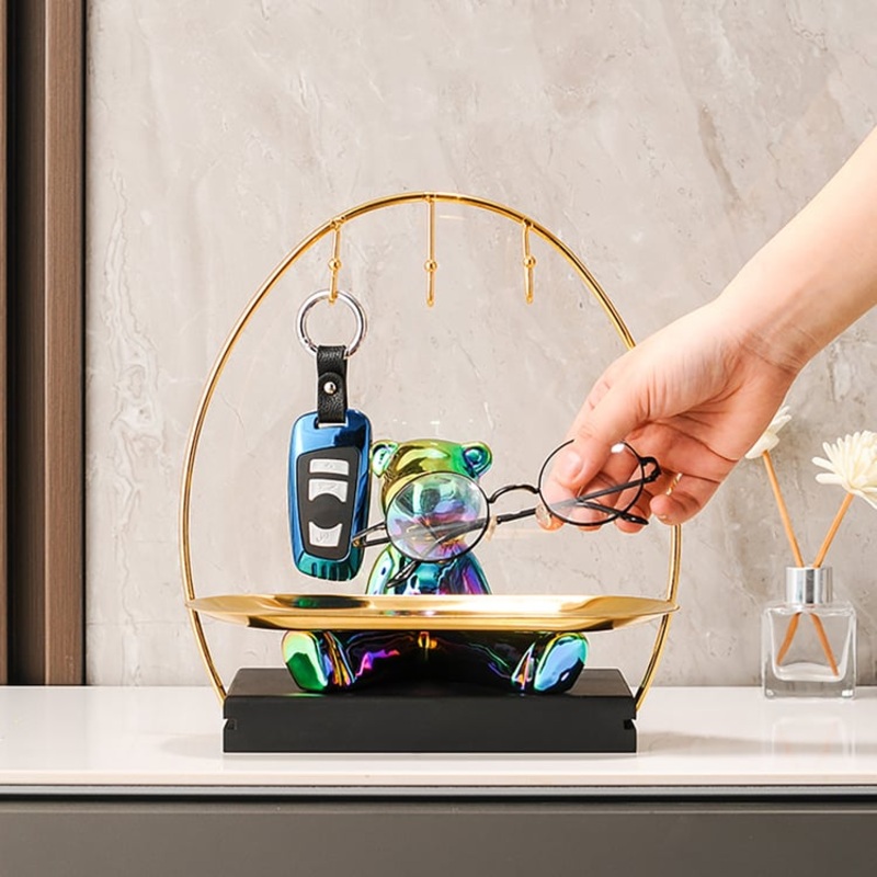 Colorful Electroplating Ceramic Trendy Bear Entrance Storage Tray With Hooks Key Holder