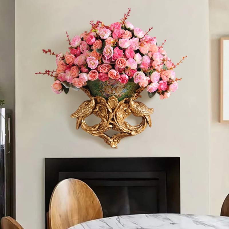 European Style Luxury Decorative Wall Flowers Carved Gold Artificial Flowers in Vase
