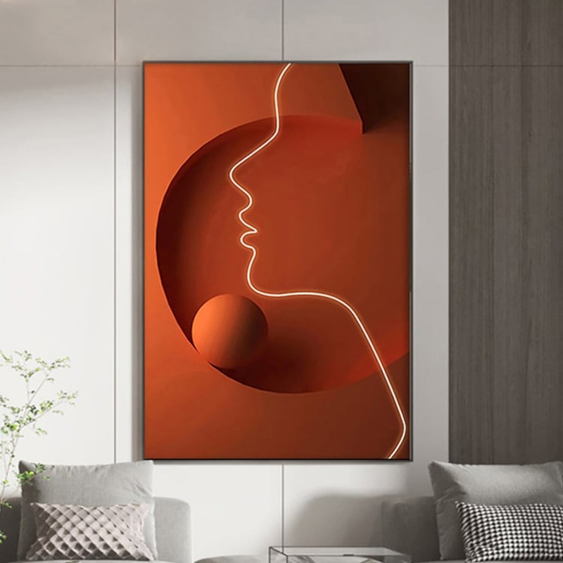 Modern Orange Abstract People Wall Decor Person Print Art with Frame Living Room
