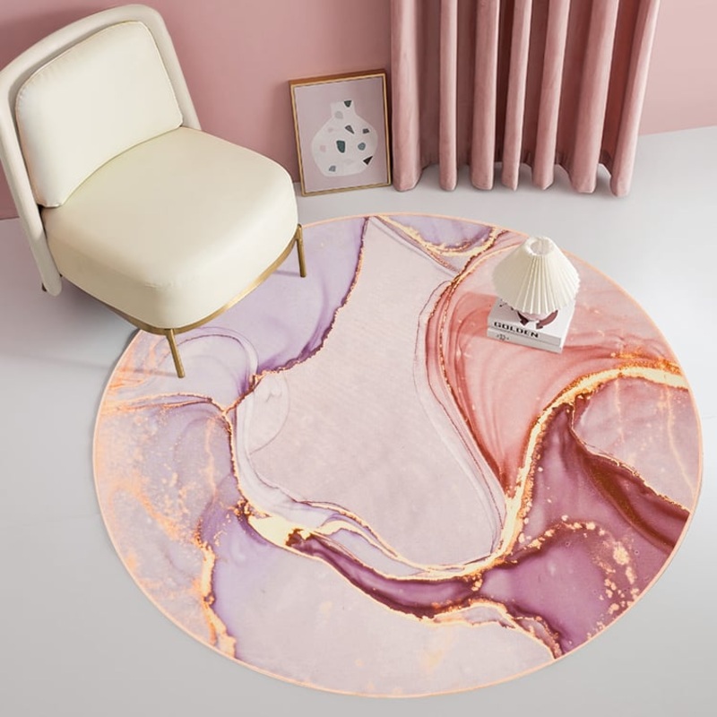 Modern Pink and Gold Abstract Round Area Rug 4′ x 4′ Flowing Pattern