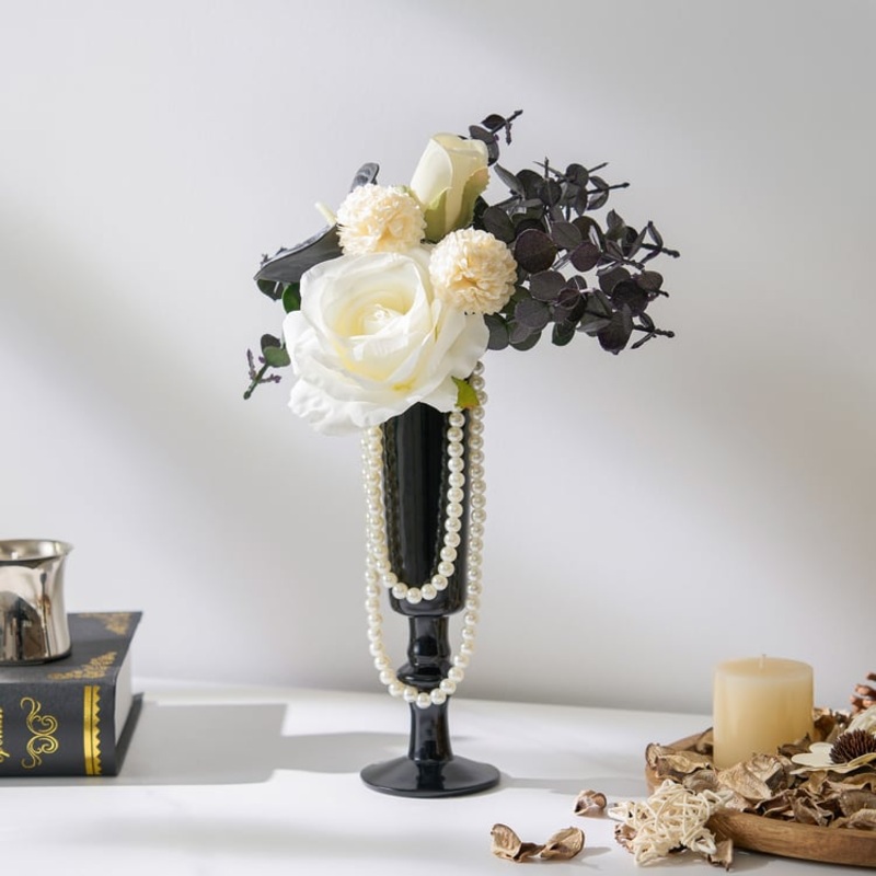 Modern Style Artificial Flowers with Pearls Jewelry  Faux Flower in Glass Vase