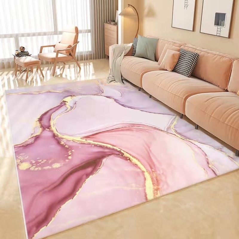 Pink and Gold Abstract Modern Polyester  Area Rug Living Room 4′ x 5′ Flowing Pattern
