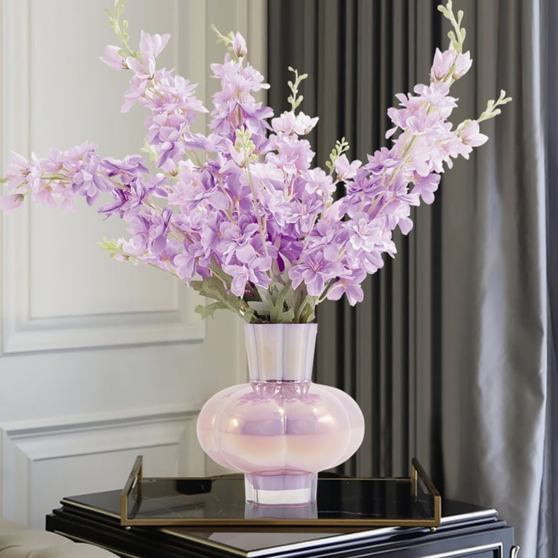 Purple Simulation Delphinium Artificial Flowers with Vase Gradient Glass Vase Decoration