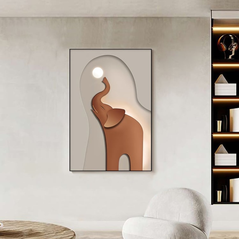 Realid Rectangle Elephant Wall Decor for Living Room Cute Painting with Frame in Brown