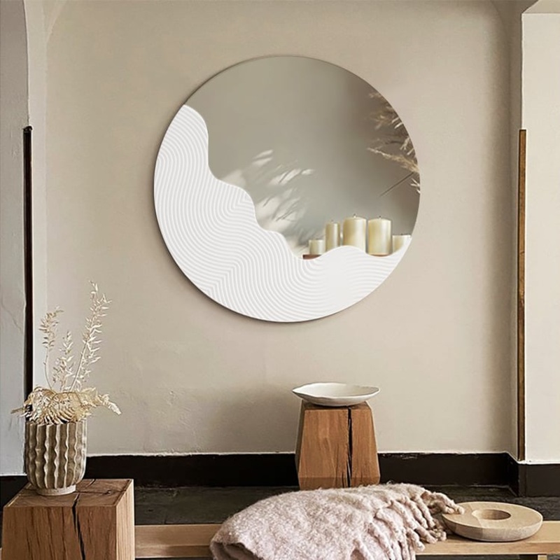 23.6″ Round White Japandi Wave Textured Wall Mirror Decor Art Living Room Bedroom