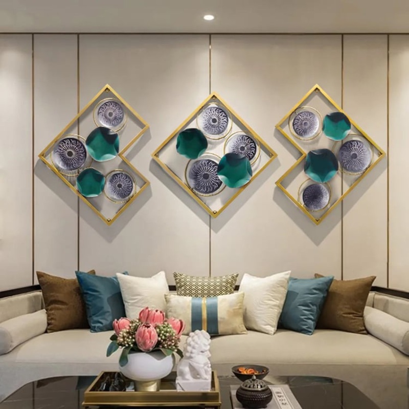 27.6″ 3 Pieces Modern Unique Lotus Leaves Metal Wall Decor Set with Gold Square Frame