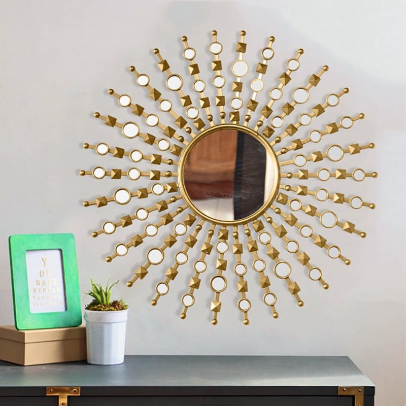27.6″ Glam Metal Round Gold Wall Mirror Sun Shine Home Decor for Living Room
