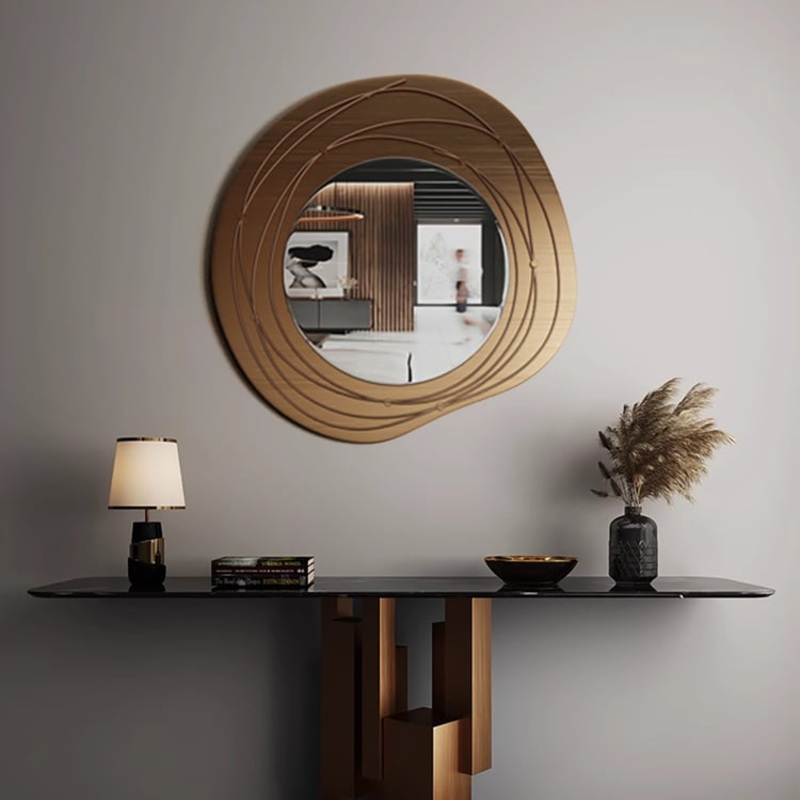 31.5″ Gold Framed Metal Round Wall Mirror with Abstract Lines Decoration