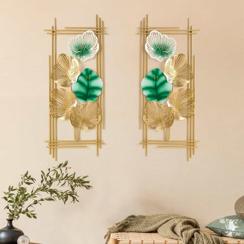 33.9″ 2 Pieces Metal Leaf Framed Wall Decor Gold & Green Rectangle in Living Room
