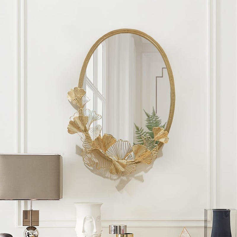 33.9″ Glam Oval Wall Mirror Hollow-out Ginkgo Leaves in Gold Metal Frame For Bedroom