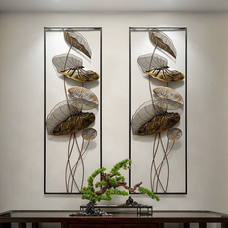 35.8″ 2 Pieces Metal Lotus Leaves Wall Decor Set for Living Room with Black Frame