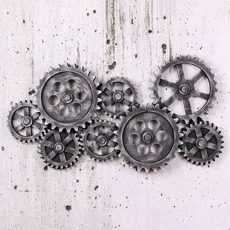 37″ Industrial Distressed Gray Wall Decor with Gear Design in HDF for Living Room