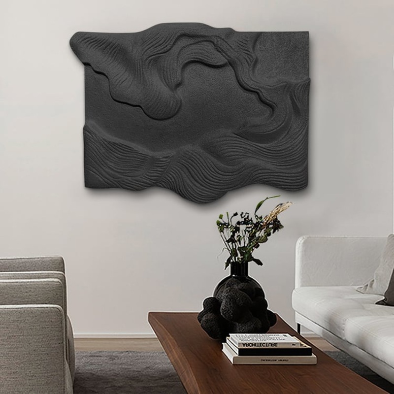 3D Black Sea Waves Texture Painting Art Modern Abstract Ocean Wall Decor Living Room
