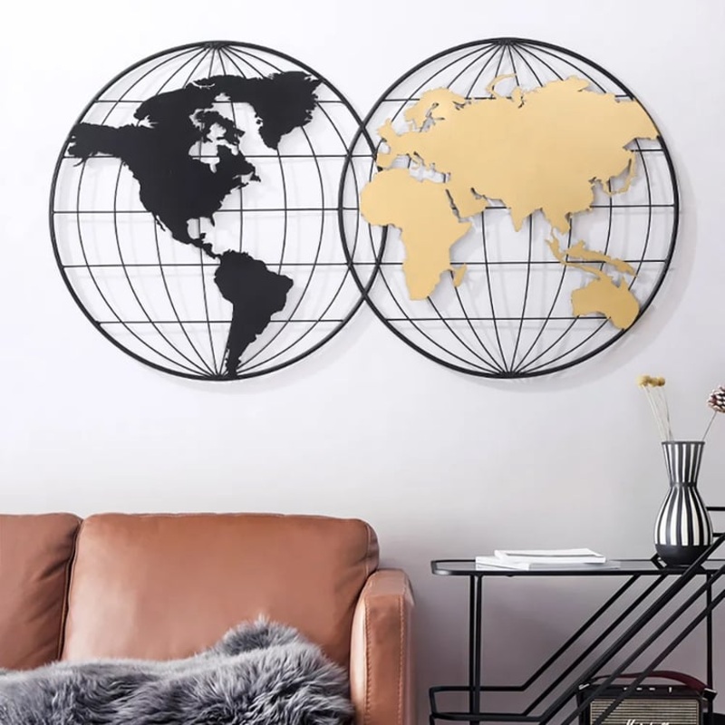 43.5″ Modern Geometry World Map Wall Decor with Metal Round Frame in Black & Gold