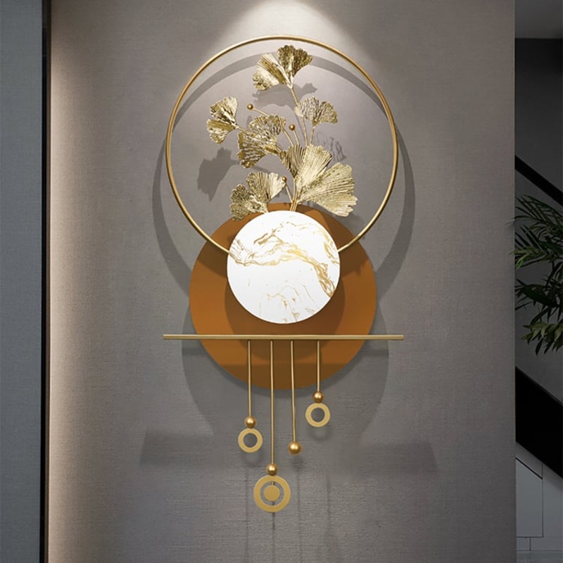 46.5″ Modern 3D Golden Metal Ginkgo Leaf Geometric Wall Art with Marble Accent