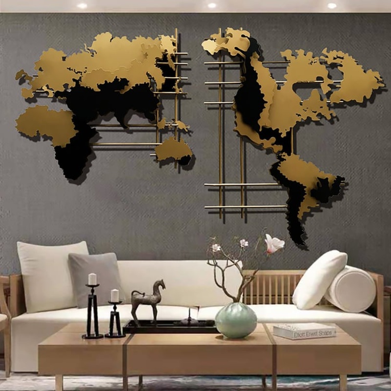 47.2″ Modern 3D Gold & Black Metal World Map Home Wall Decor Art in Living Room