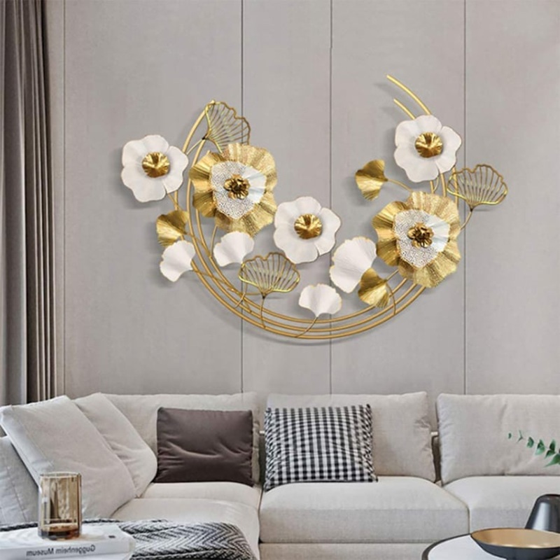 47.2″ Modern Metal Wall Decor Art with Gold & White Leaves & Flowers for Living Room