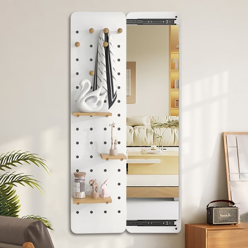47.2″ Pegboard Hidden Sliding Dressing Full Length Floating Wall Mirror Coat Rack Hooks