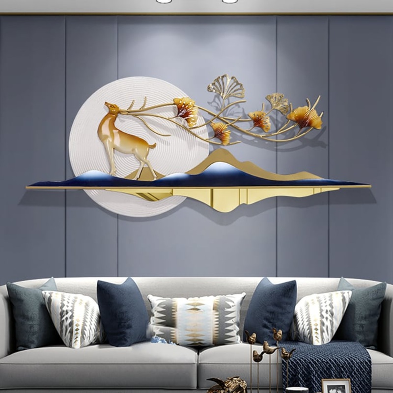 55″ Modern Metal Wall Decor with Hollow-Out Ginkgo Leaves & Deer for Living Room