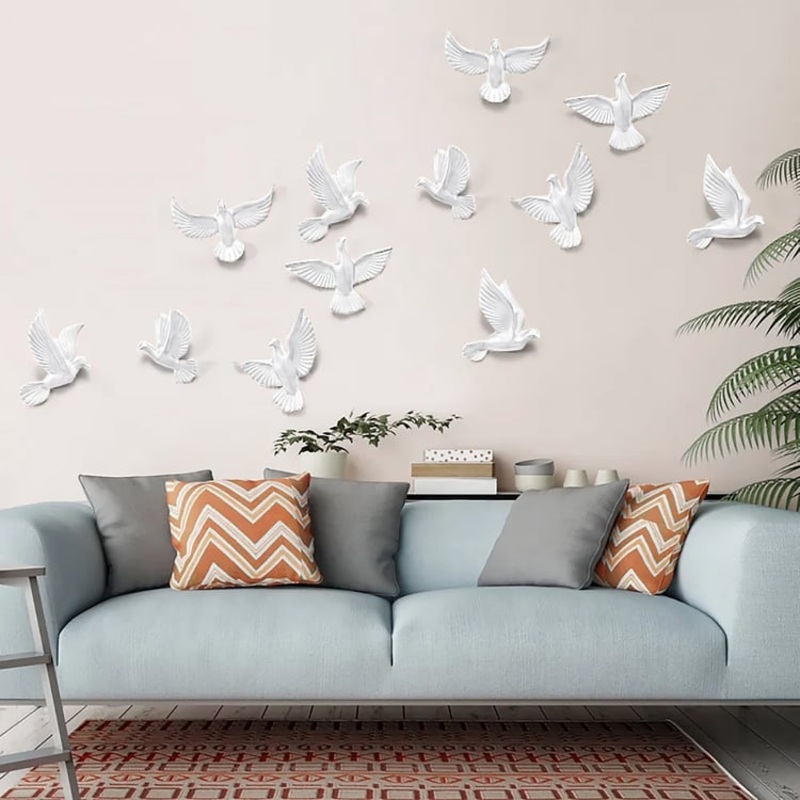 6 Pieces White Resin Flocking Birds Wall Decor Set for Living Room – DIY Combination