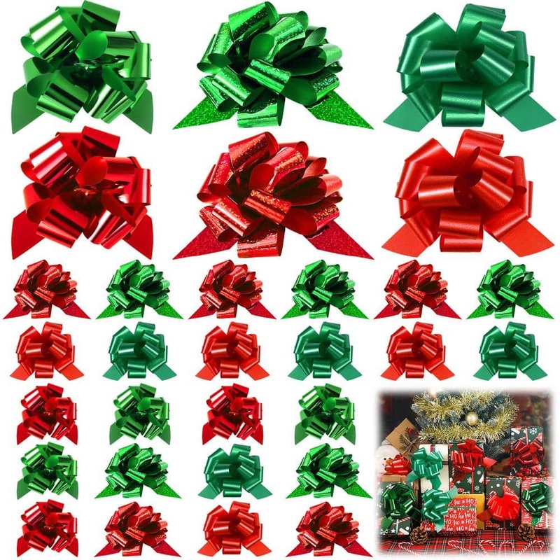 Angel Sar 5 in. 100-Piece Christmas Wrap Pull Bows, Green Red Christmas Wrapping Bows for Holiday Baskets Box Decoration WM98CB57