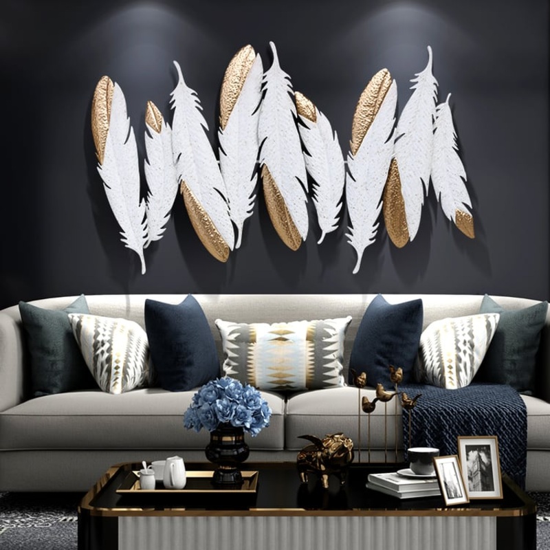 Creative Feathers Metal Wall Decor Hanging Home Art in White & Gold