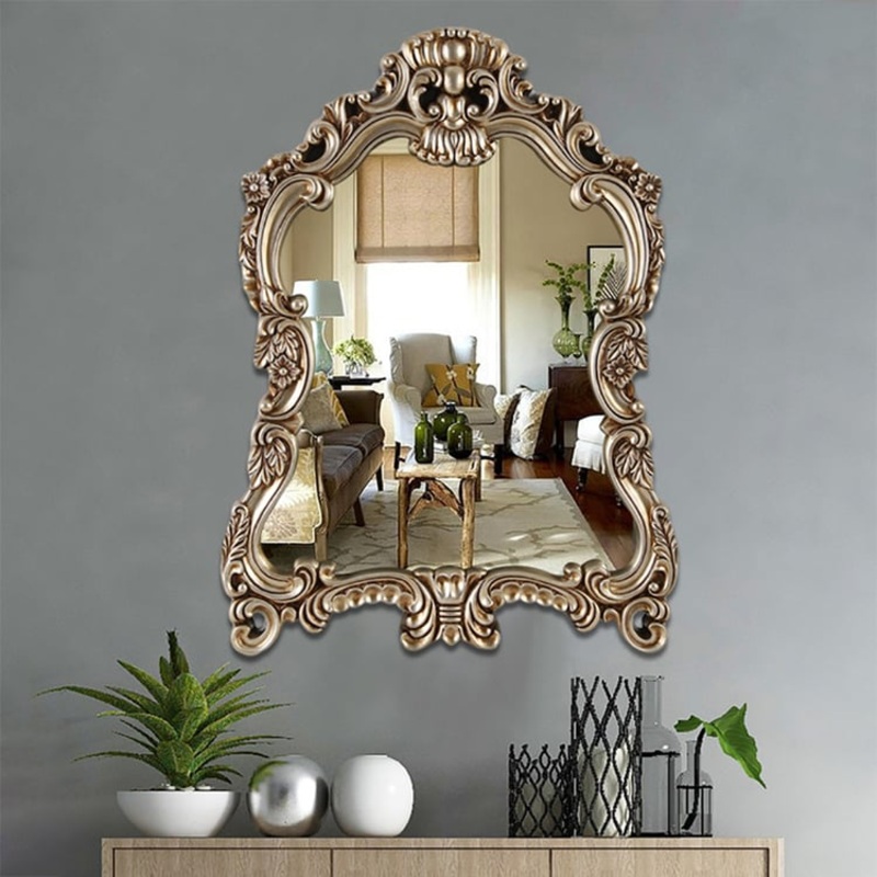 Large Vintage Arch French Shield Wall Mirror Decor 19th Century Champagne Gold Art