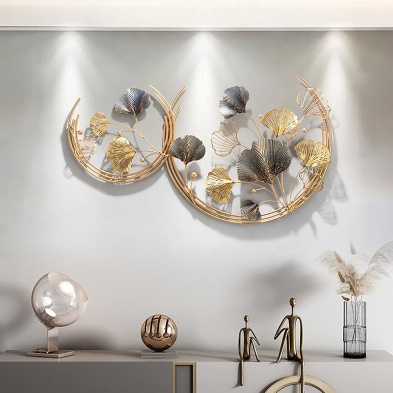 Modern 3D Hollow-out Ginkgo Leaves Wall Decor Home Metal Round Wall Art in Gold & Gray