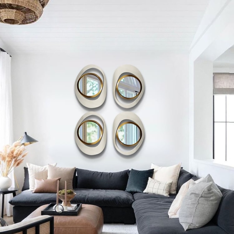 Modern 4-Piece 23.6″ Large White & Gold Abstract Geometry Wall Mirror Decor Living Room