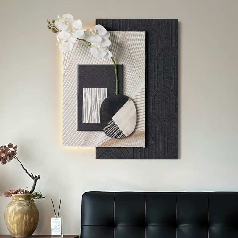 Modern Black & White Wall Art with LED Warm Light & Faux Orchid  23.6″ x 19.3″