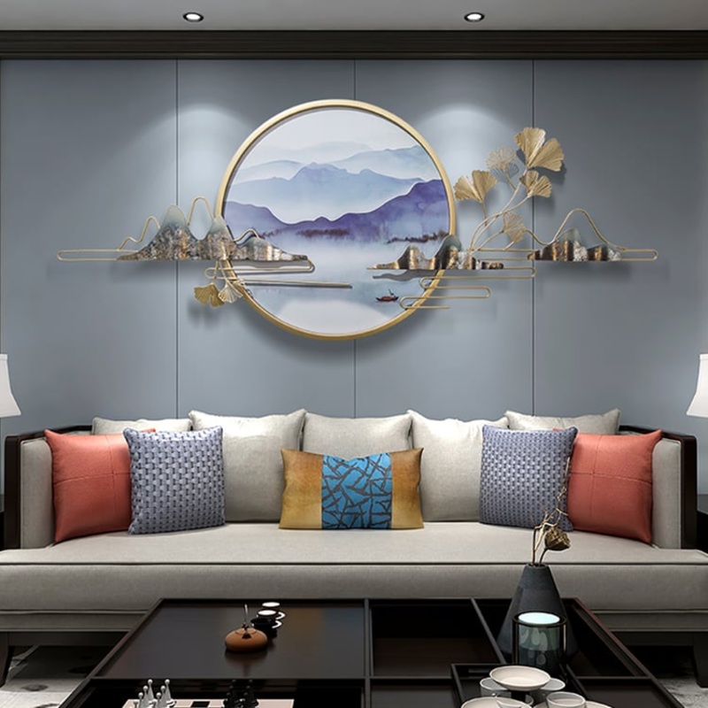 Modern Ginkgo Leaves Metal Wall Decor Gold & Blue with Landscape Patterns Living Room