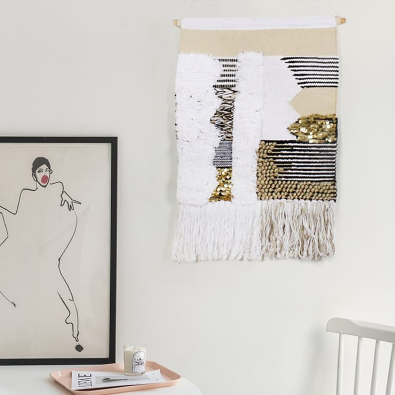 Modern Woven Black and Gold Blend Tapestry  Macrame Wall Hanging