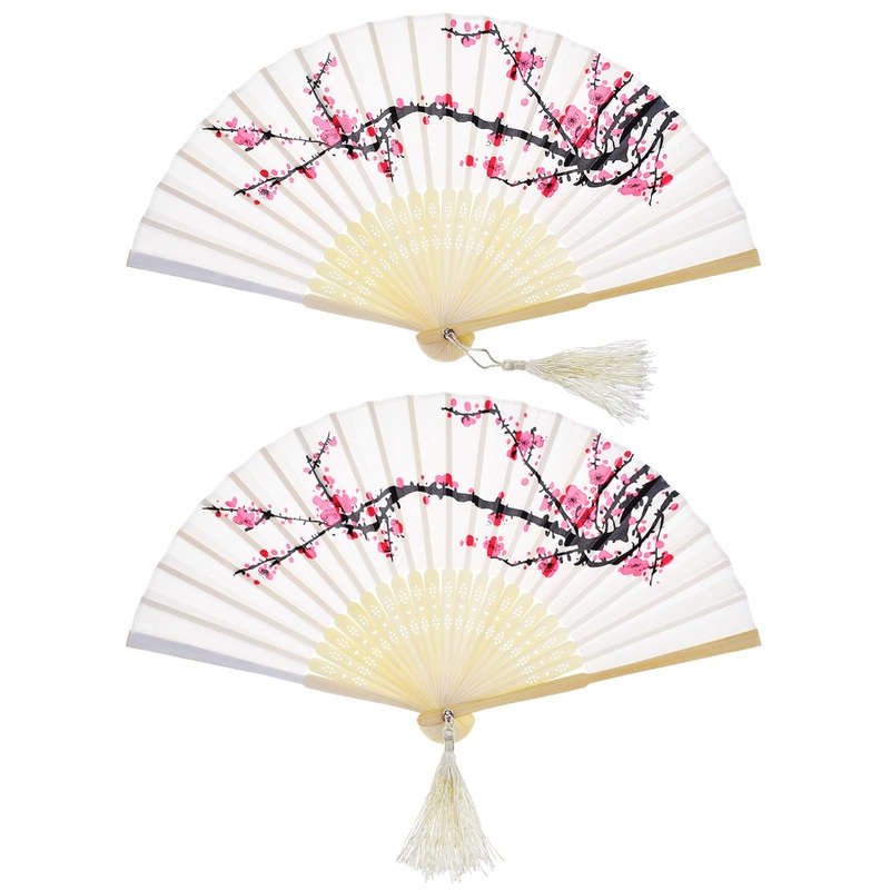 2 pieces folding fans hand fans bamboo fans with tassel women hollowed out bamboo hand hold fans for wall decoration gifts (white cherry) traditional