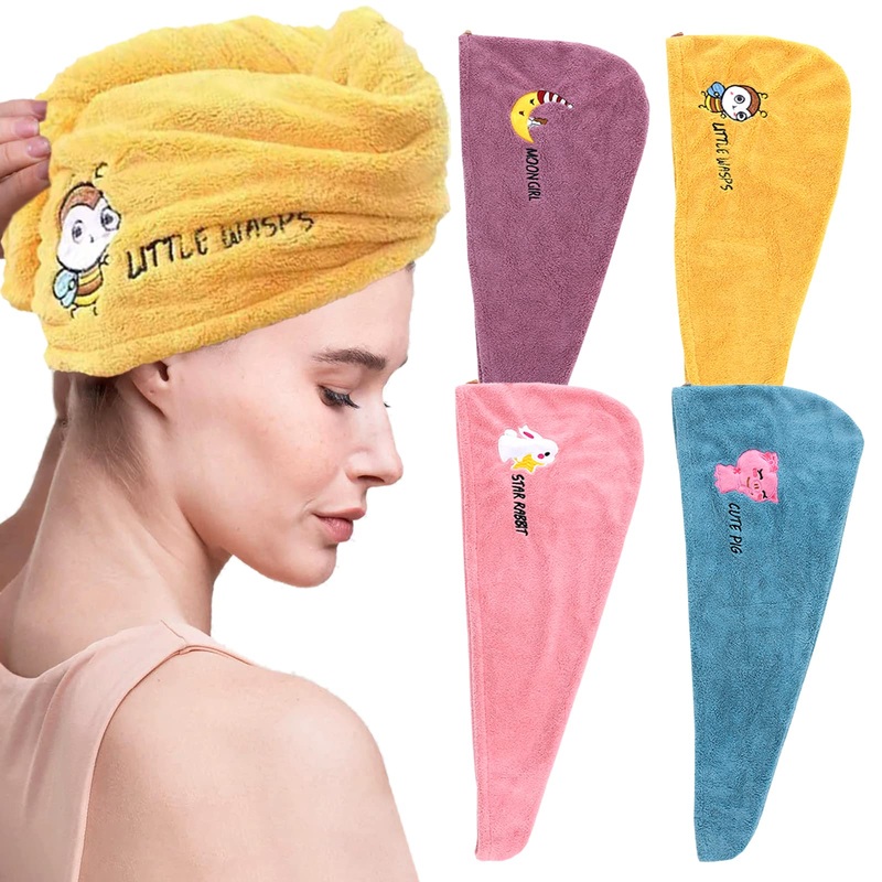 4 pieces microfiber towel hair fast drying hair towel in 4 colors with button super absorbent hair turban towel for women and girls quickly dry salon travel bathroom head wrap (animals)